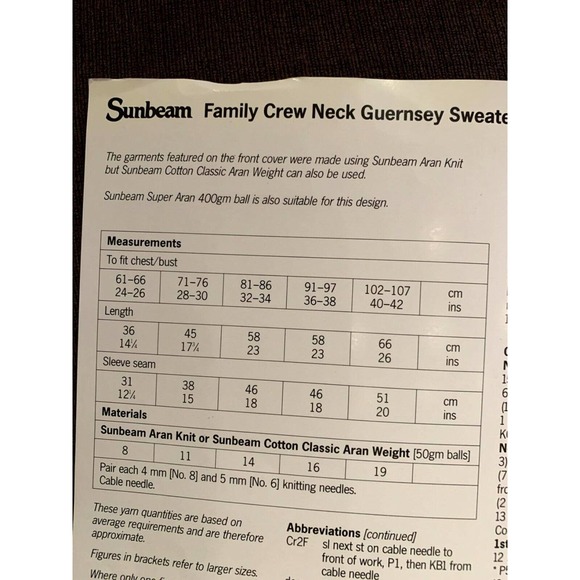 New Sunbeam Aran Knit 1496 Family Crew Neck Sweaters Knitting Pattern - Picture 3 of 3